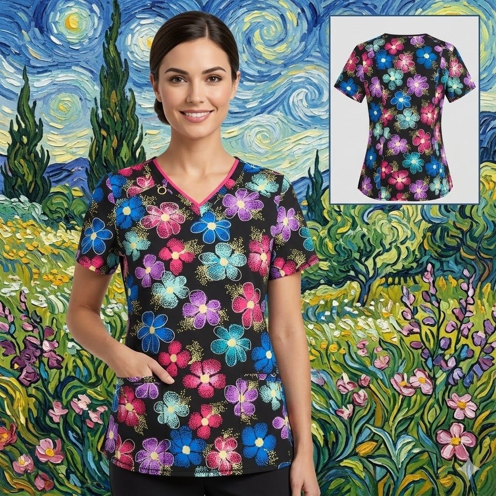 Cherokee Infinity Womens Scrub‎ Top M Black Pixel Floral V-Neck Antimicrobial M